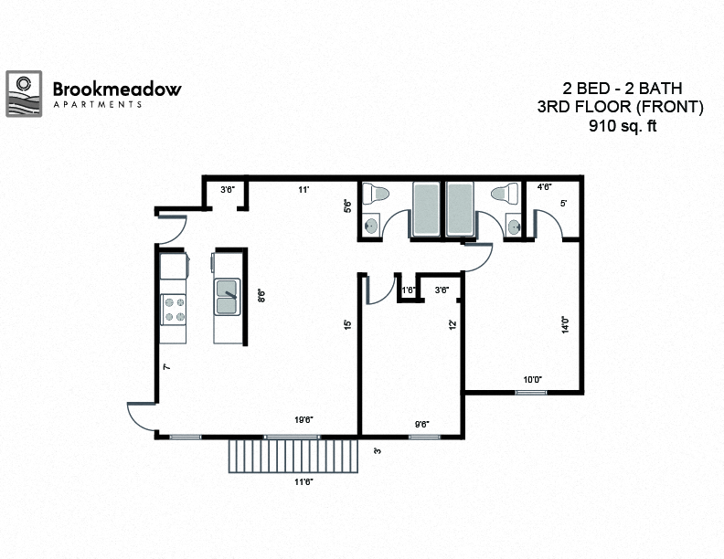 Floor plan for 2 beds, 2 baths, 910 sqft
